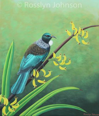 Tui Feasting in Flax Flowers