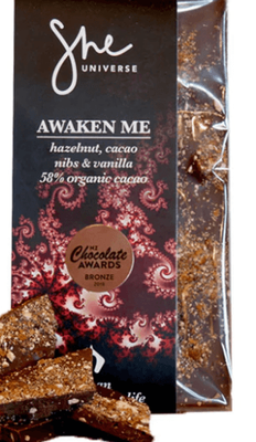 Awaken Me Bar Hazelnut, Cacao Nibs &amp; Vanilla 58% 90g