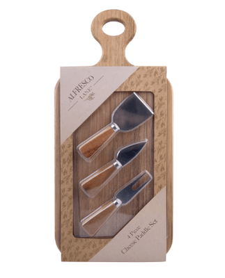 4 PIECE OBLONG ACACIA WOOD CHEESE PADDLE W/ KNIVES 43CM X 20CM
