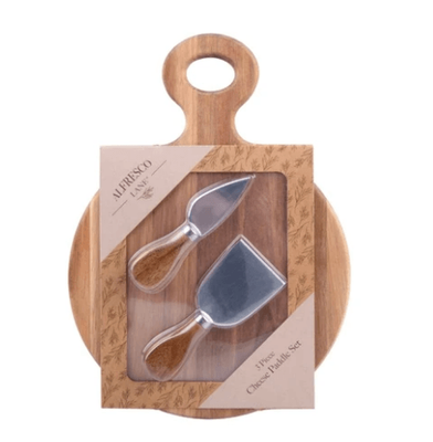 3pc  Round Wood Cheese Paddle With Knives 30x22cm