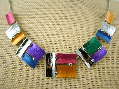 Necklace - Colourful Rectangle Rhodium Necklace