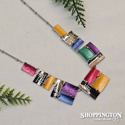 Necklace - Colourful Rectangle Rhodium Necklace