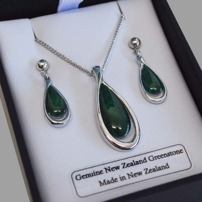 Necklace - Greenstone Necklace and Earrings - Tear Drop
