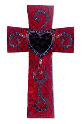 z Red Mosaic Cross with Mirror Heart