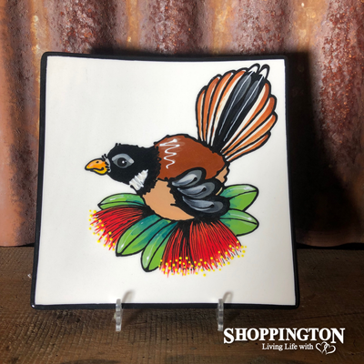 NZ Made Handpainted Square Plate / 20cm x 20cm / Double Pohutukawa Fantail