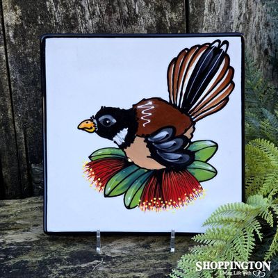 NZ Made Handpainted Square Plate / 20cm x 20cm / Double Pohutukawa Fantail