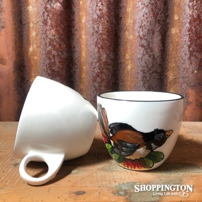 NZ Made Handpainted Cappucino Cup / Fantail Design