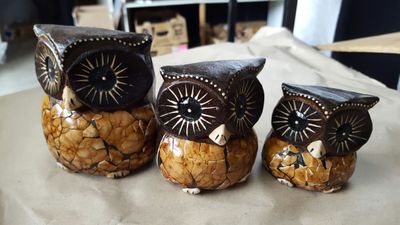 Set of 3 Wooden Owls - Crackle