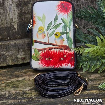 Leather NZ Print Shoulder/Cellphone Bag - Pohutukawa - Carolyn  Judge