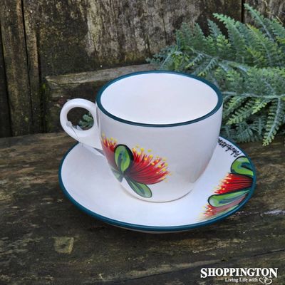 NZ Made Handpainted Cup and Saucer /ND  Pohutukawa