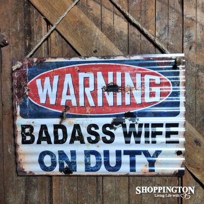 Tin Novelty Sign - WARNING: Badass Wife