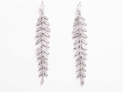 Earrings - Silver &amp; Diamante Leaf Stem