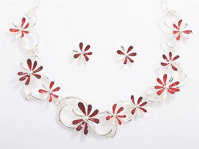 Red Flower Chain Necklace Set