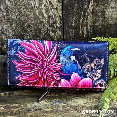 Leather NZ Print Wallet - Tui In Dahlia&#039;s - Anita Madhav