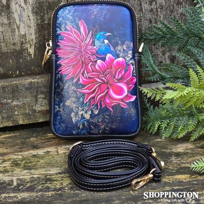 Leather NZ Print Shoulder/Cellphone Bag - Tui In Dahlia&#039;s - Anita Madhav