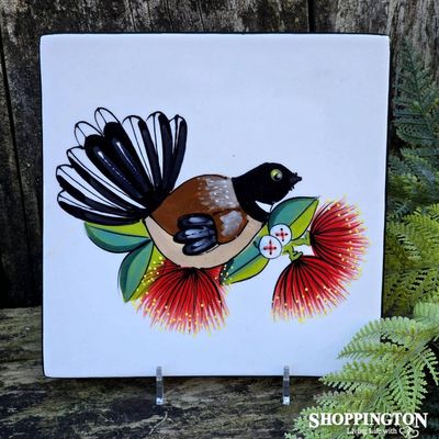 NZ Made Handpainted Square Plate / 20cm x 20cm / Triple Pohutukawa XX Fantail