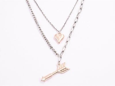 Necklace - Double Chain Arrow &amp; Heart