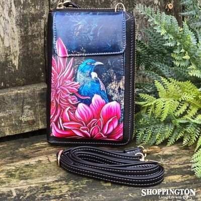 Leather NZ Print Cellphone Shoulder Bag - Tui In Dahlia&#039;s - Anita Madhav