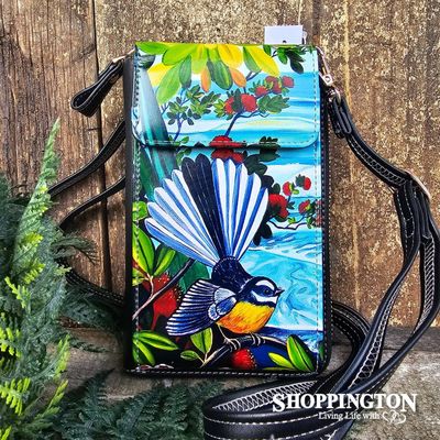 Leather NZ Print Cellphone Shoulder Bag - Ocean Fantail - Irina Velman