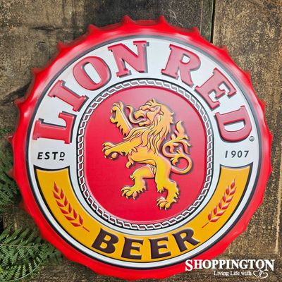 Lion Red Bottle Top Pressed Metal Wall Art 35cm