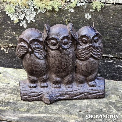 Cast Iron Door Stop - Hear No See No Speak No Evil Owl