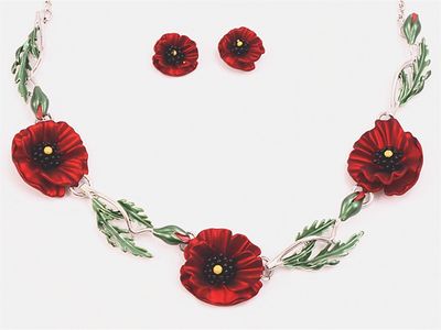 Necklace - Red Poppy &amp; Leaves