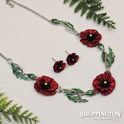 Necklace - Red Poppy &amp; Leaves