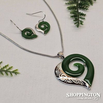 Necklace - Jade &amp; Laser Engraved Koru Heart