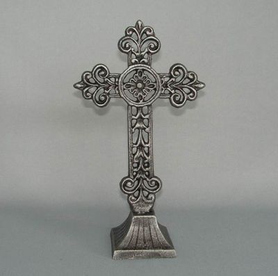 Cast Iron Cross on Stand - Silver Fleur