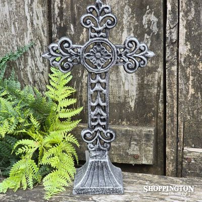 Cast Iron Cross on Stand - Silver Fleur