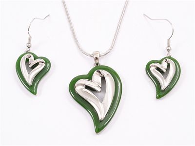Necklace - Jade Resin Abstract Heart Set