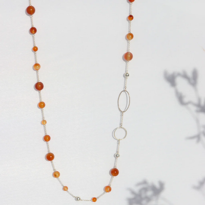 La Pierre - Carnelian Orange Sterling Silver Long Necklace