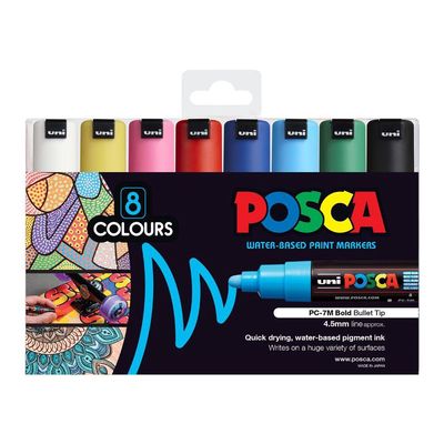 Uni Posca Paint Marker Set, PC-7M, Assorted Colours, Set of 8 Markers, Bold Bullet Tip, 4.5-5.5mm