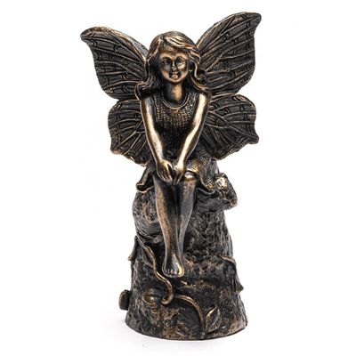 Plant Stake Topper: Antique Bronze Fairy Sitting On Tree Stum50p
