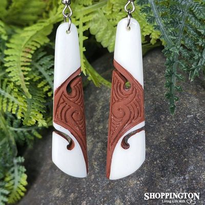 Bone and Wood Earrings with Carving