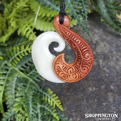 Bone and Wood Fish Hook Pendant with Carving
