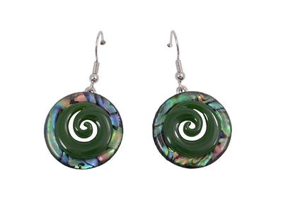 Earrings - Paua and Jade Koru Rhodium