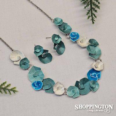 Necklace and Earring Set - Blue Koru Rhodium