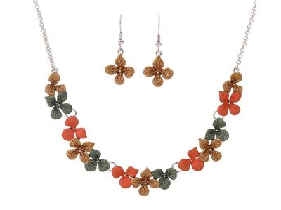 Necklace and Earrings Set - Orange/Olive Flowers Rhodium