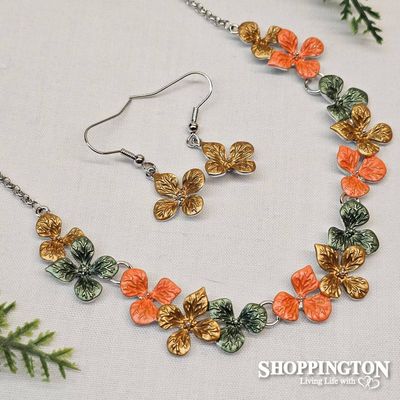 Necklace and Earrings Set - Orange/Olive Flowers Rhodium