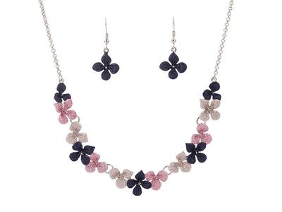 Necklace and Earrings - Navy/Lavender Flowers Rhodium
