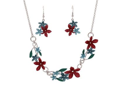Necklace and Earrings Set - Blue/Red Rhodium