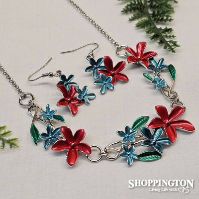 Necklace and Earrings Set - Blue/Red Rhodium