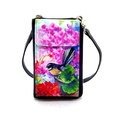 Leather NZ Print Cellphone Shoulder Bag - Fantail Floral