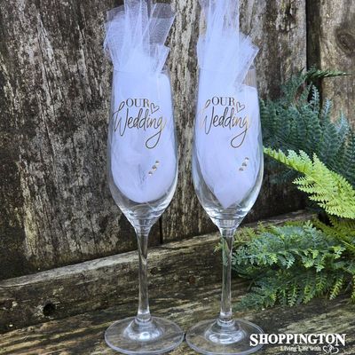 Etched Heart Wedding Champagne Flute Set