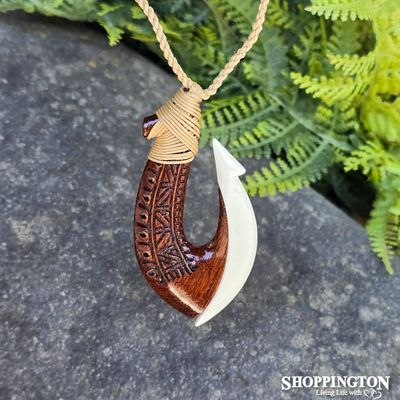 Hei Matau Bone and Wood Fish Hook Necklace