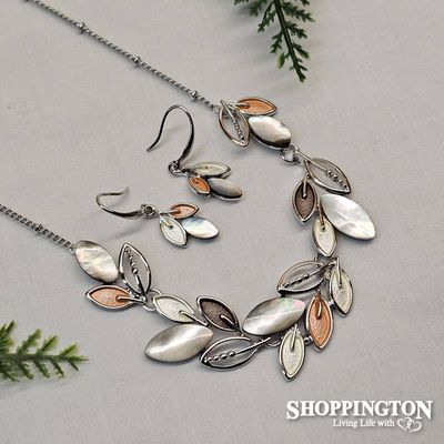 Necklace and Earrings - MOP / Silver &amp; Apricot Leaves