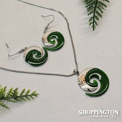 Necklace - Jade &amp; Laser Engraved Koru