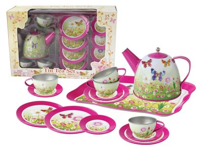 Pink Butterfly Tin Tea Set