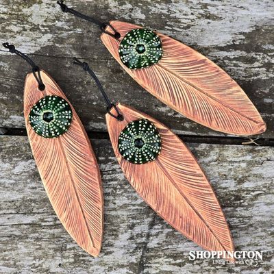 100% NZ Made Pottery /Green Kina Feathers